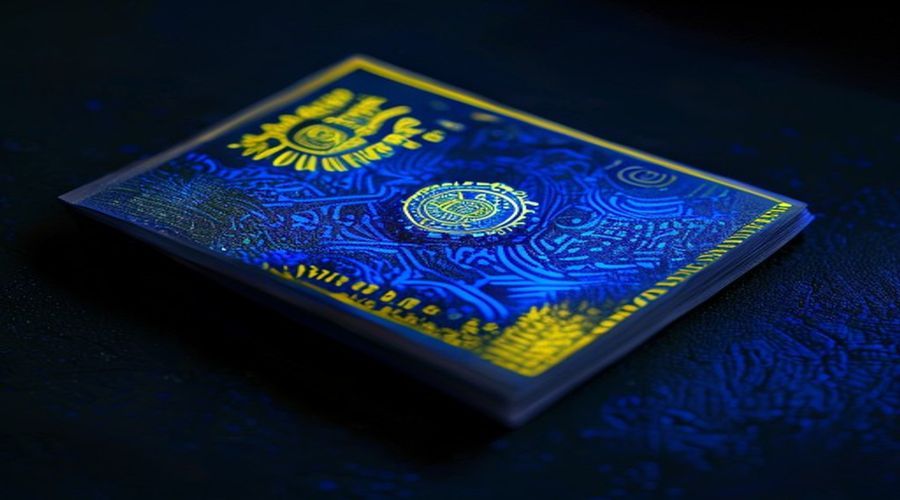 Government ID card under UV blacklight revealing hidden security overlay